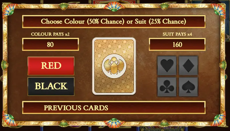 Book of Dead gamble screen - colour (50%) and suit (25%) options