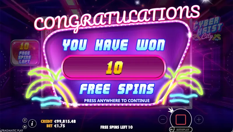 Cyberheist City Free Spins triggered message