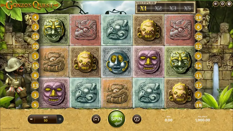 Gonzo's Quest main game interface showing a 5x3 grid, payline indicators, and multiplier bar