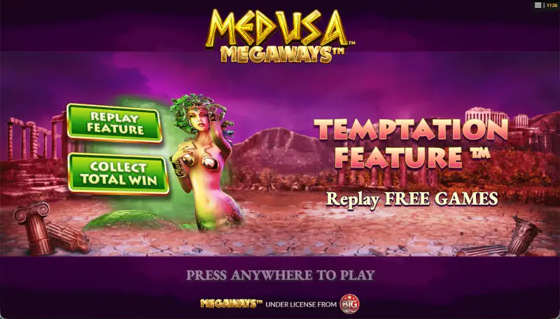 Medusa Megaways Temptation Feature screen showing options to replay free games or collect total win