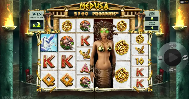 Medusa Megaways free spins screen with Medusa in the center, win multiplier x2, and spins left counter