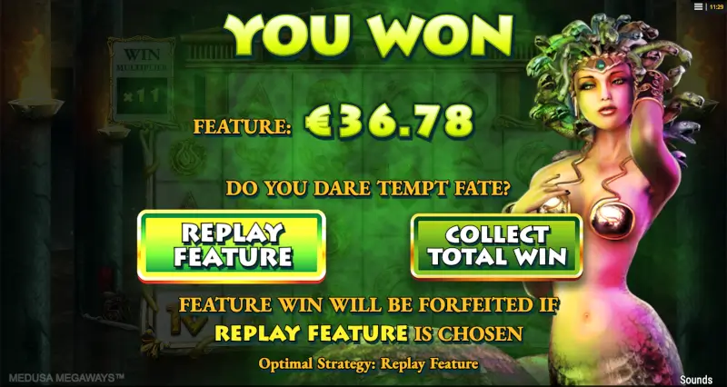 Medusa Megaways win summary screen showing a feature win of €36.78 with buttons to replay feature or collect total win