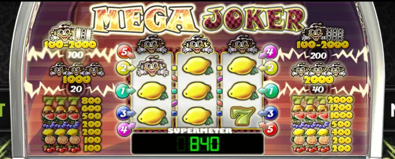 Mega Joker Supermeter reels showing multiple Joker symbols and Supermeter balance counter