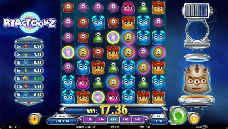 Reactoonz round with the Quantum meter partially charged and the right-side panel active