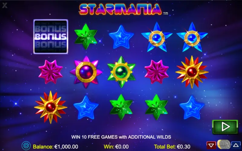 Starmania slot bonus screen showing scattered BONUS symbols and star-shaped gems on the reels, with text offering 10 free games with additional wilds