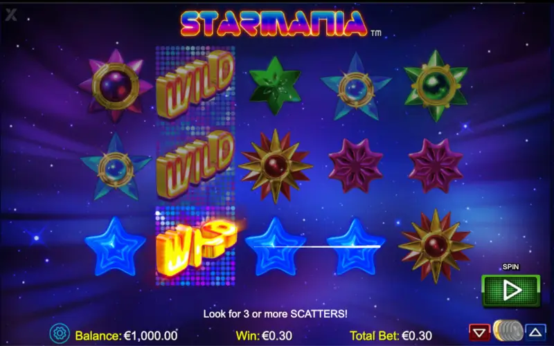 Starmania slot reels with a vertical stack of WILD symbols on the left and a highlighted winning line across blue star symbols