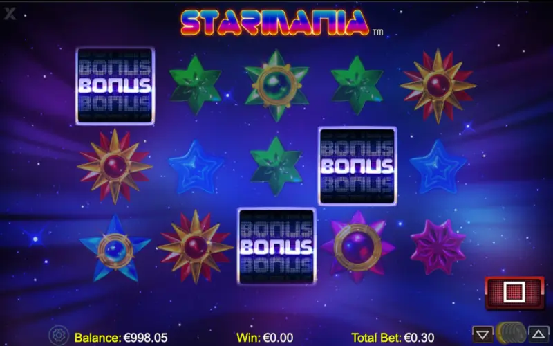 Starmania slot reels showing multiple BONUS scatter symbols landing among colorful star gems during a spin