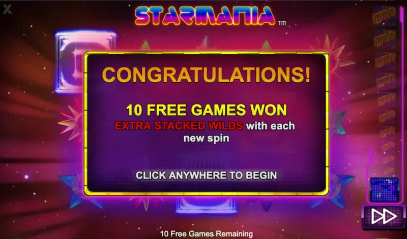 Starmania free spins intro message reading 'Congratulations! 10 Free Games Won' with 'Extra stacked wilds with each new spin'