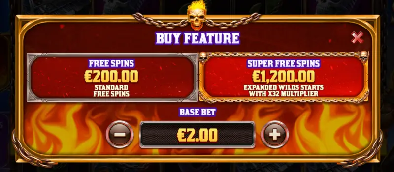 Wild Skullz Buy Feature screen showing Free Spins cost and Super Free Spins cost with base bet selection controls