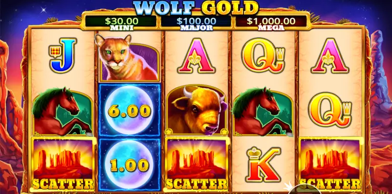 Wolf Gold reels showing Scatter symbols alongside Money symbols