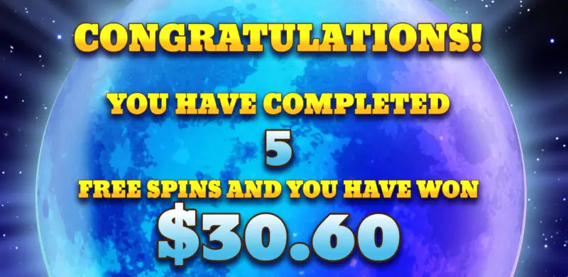 Wolf Gold Free Spins completion screen - 5 free spins completed, total win $30.60